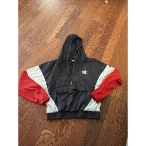 Vintage Champion Hoodie Sz S Gray Colorblock Crop Pullover Zip Mesh Lightweight